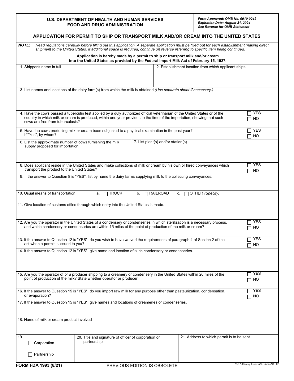 Form FDA1993 Application for Permit to Ship or Transport Milk and / or Cream Into the United States, Page 1
