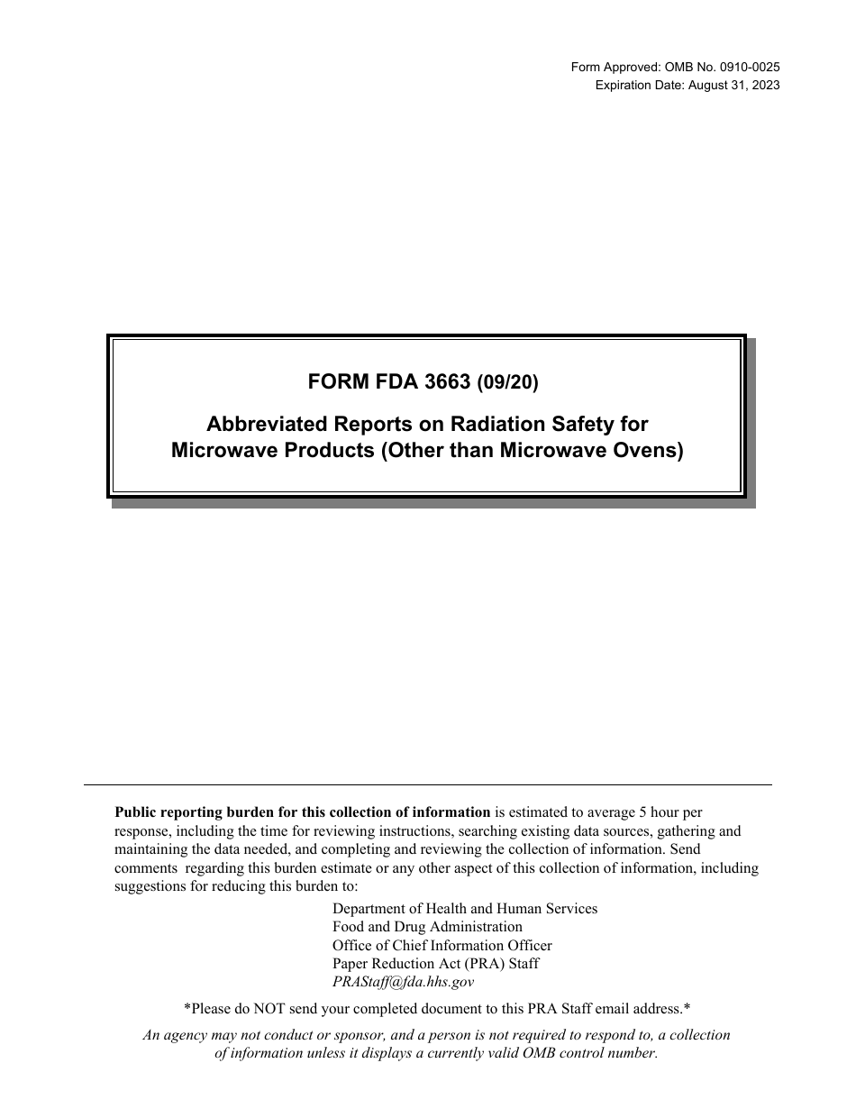 Form FDA3663 Abbreviated Reports on Radiation Safety for Microwave Products (Other Than Microwave Ovens), Page 1