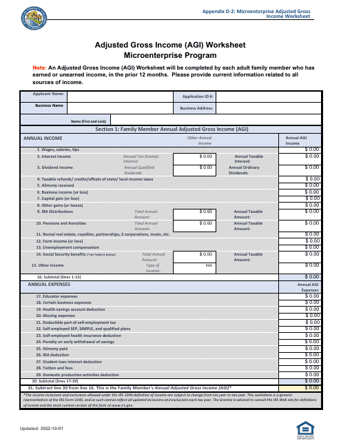 Appendix D-2 Adjusted Gross Income (Agi) Worksheet - Microenterprise Program - Community Development Block Grant (Cdbg) - California