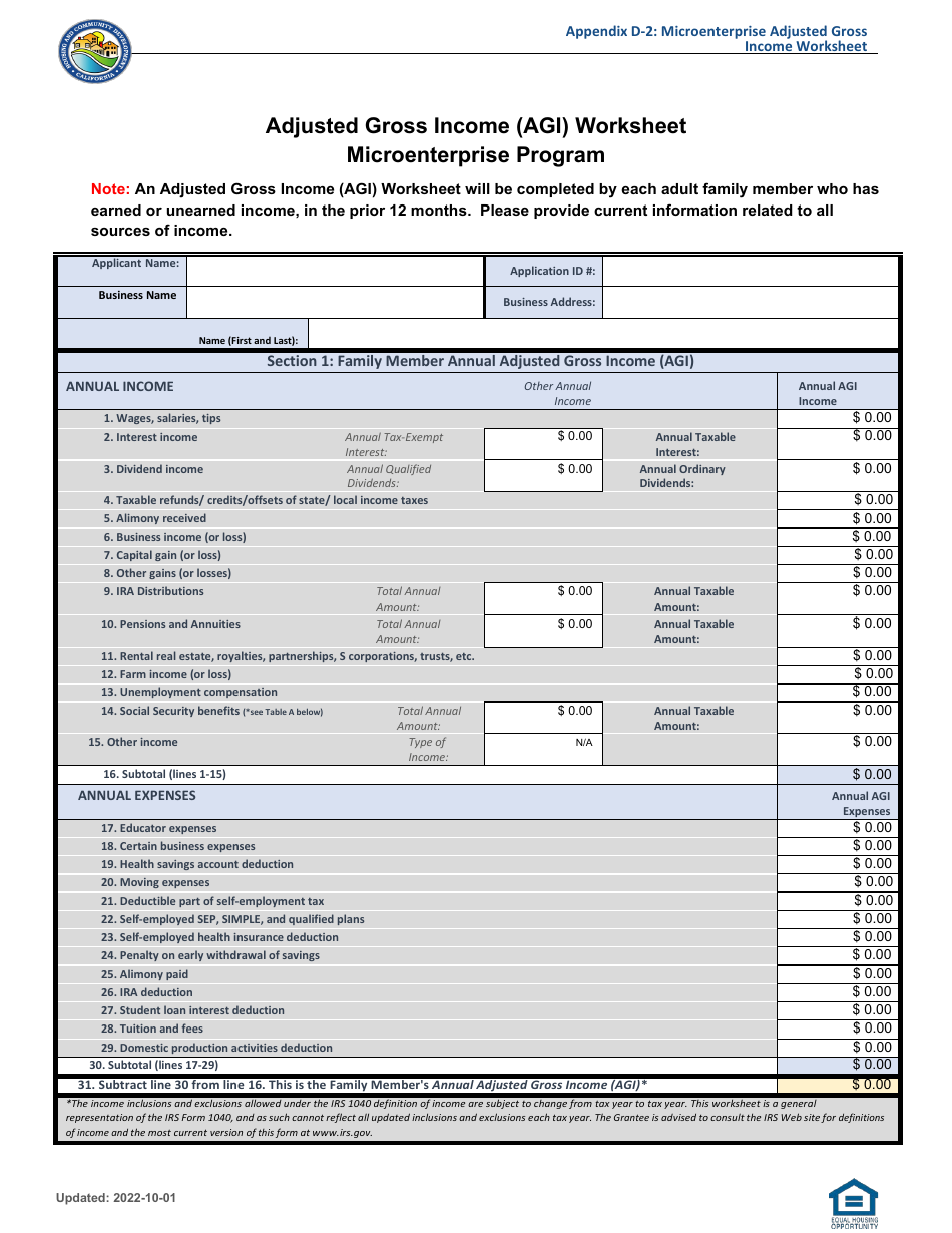 California Adjusted Gross Income Agi Worksheet Microenterprise Program Community 1889