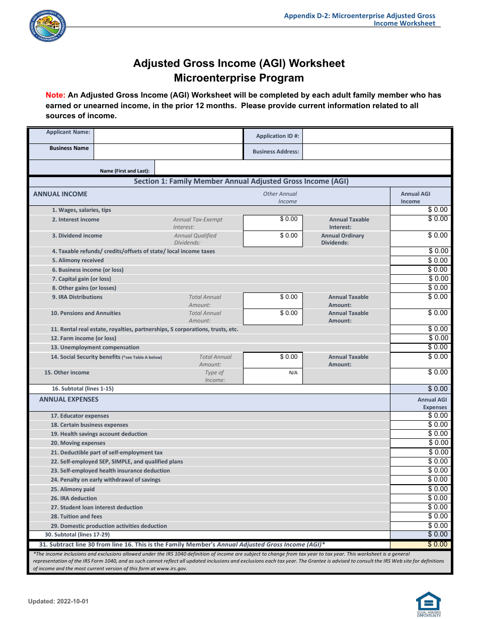 Appendix D-2 Adjusted Gross Income (Agi) Worksheet - Microenterprise Program - Community Development Block Grant (Cdbg) - California, Page 1