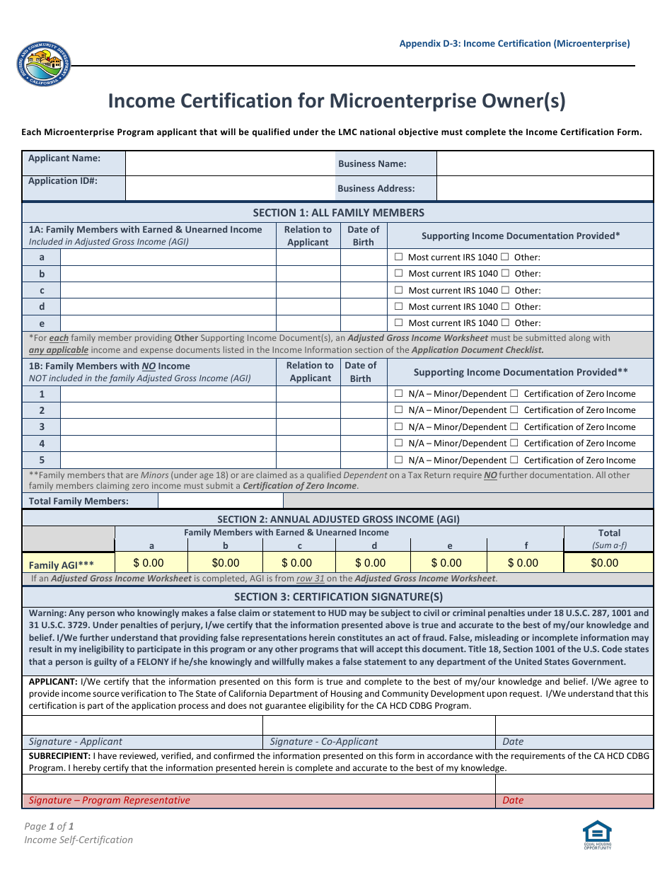 Appendix D-3 Income Certification for Microenterprise Owner(S) - Community Development Block Grant (Cdbg) - California, Page 1