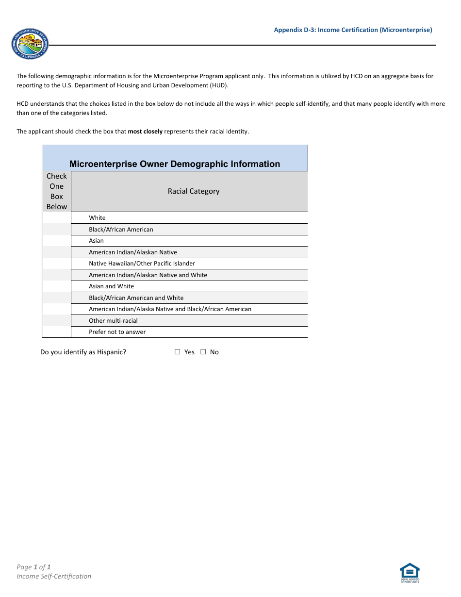 Appendix D-3 Income Certification for Microenterprise Owner(S) - Community Development Block Grant (Cdbg) - California, Page 2