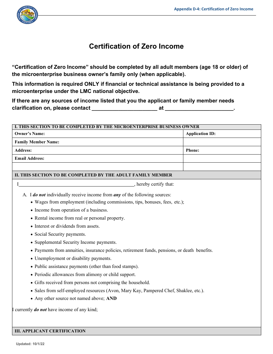 Appendix D-4 Certification of Zero Income - Community Development Block Grant (Cdbg) - California, Page 1