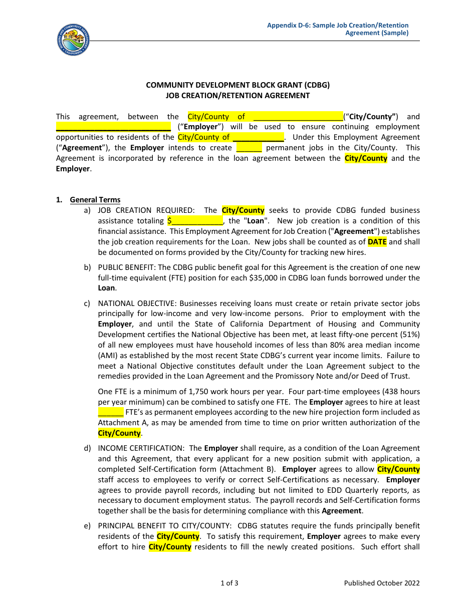 Appendix D-6 Job Creation / Retention Agreement - Community Development Block Grant (Cdbg) - California, Page 1