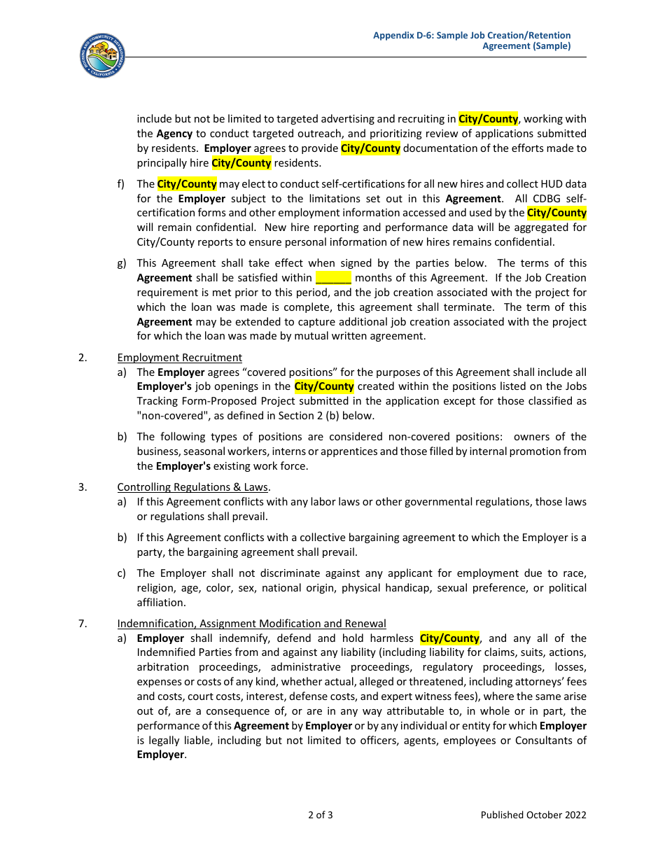 Appendix D-6 Job Creation / Retention Agreement - Community Development Block Grant (Cdbg) - California, Page 2