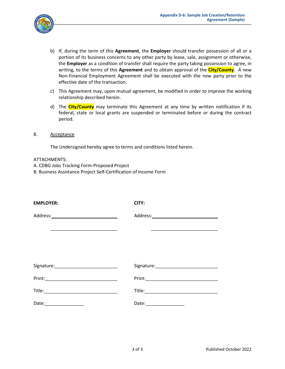 Appendix D-6 Job Creation / Retention Agreement - Community Development Block Grant (Cdbg) - California, Page 3