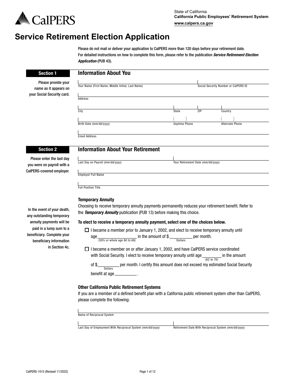 Form CalPERS-1015 Service Retirement Election Application - California, Page 1