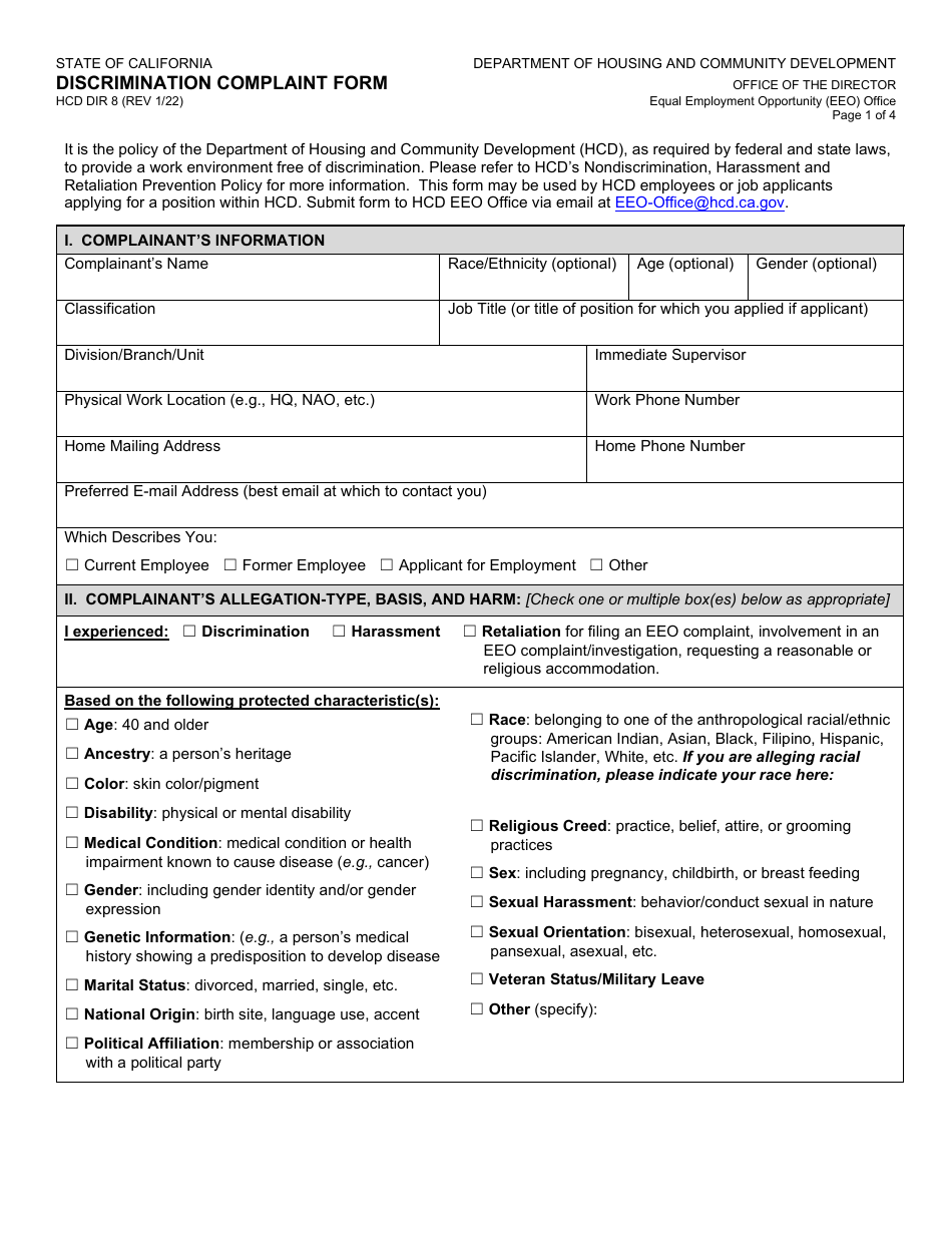 Form HCD DIR8 Discrimination Complaint Form - California, Page 1