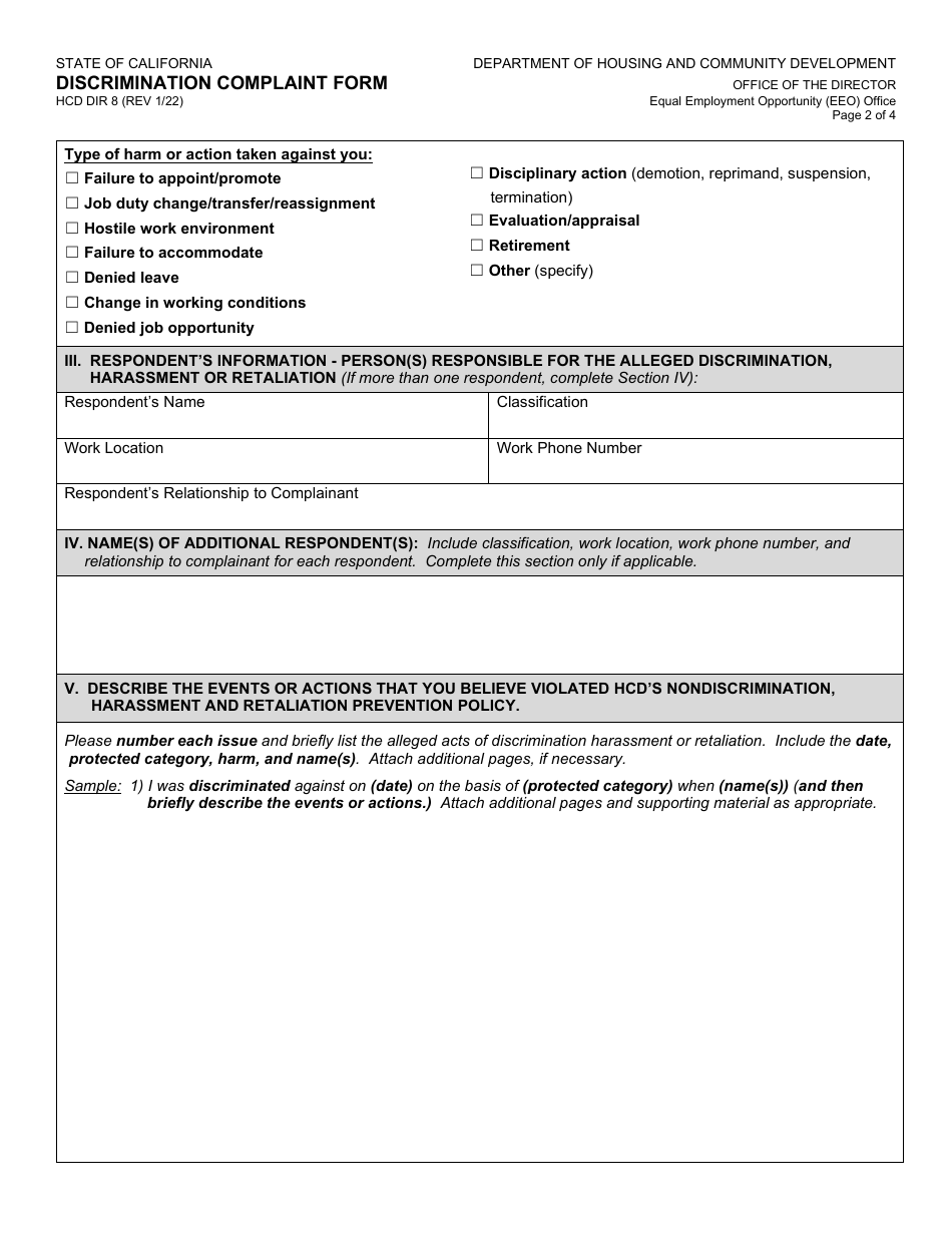 Form HCD DIR8 Discrimination Complaint Form - California, Page 2