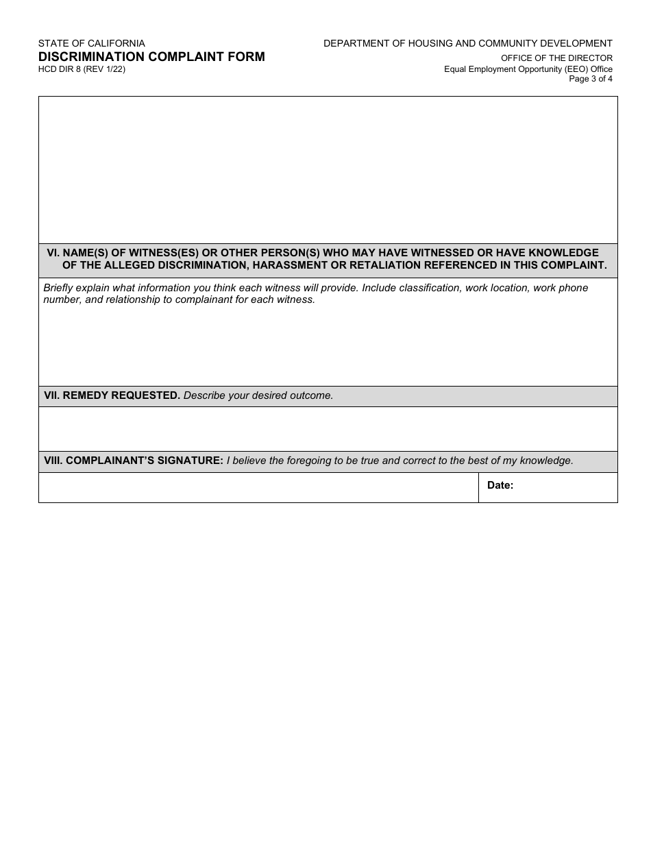 Form HCD DIR8 Discrimination Complaint Form - California, Page 3