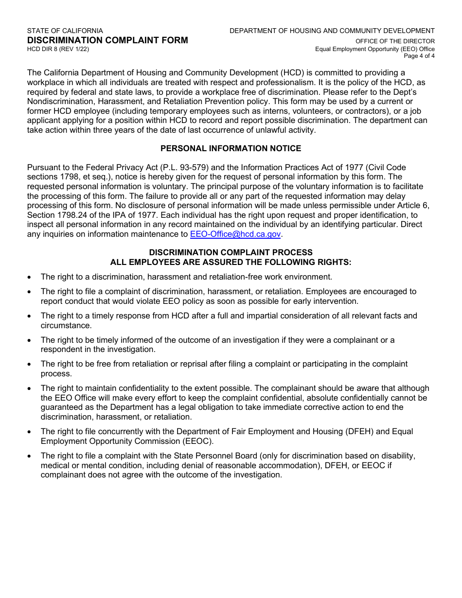 Form HCD DIR8 Discrimination Complaint Form - California, Page 4