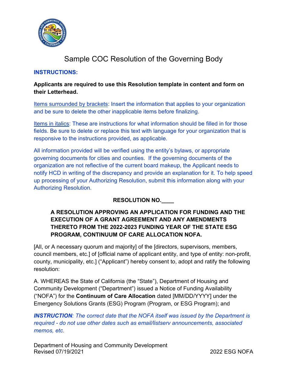 2023 California Coc Resolution of the Governing Body Sample Fill