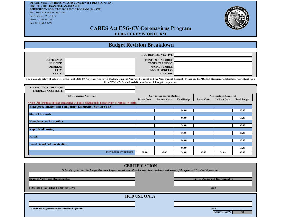 Budget Revision Form - CARES Act Esg-Cv Coronavirus Program - California, Page 1