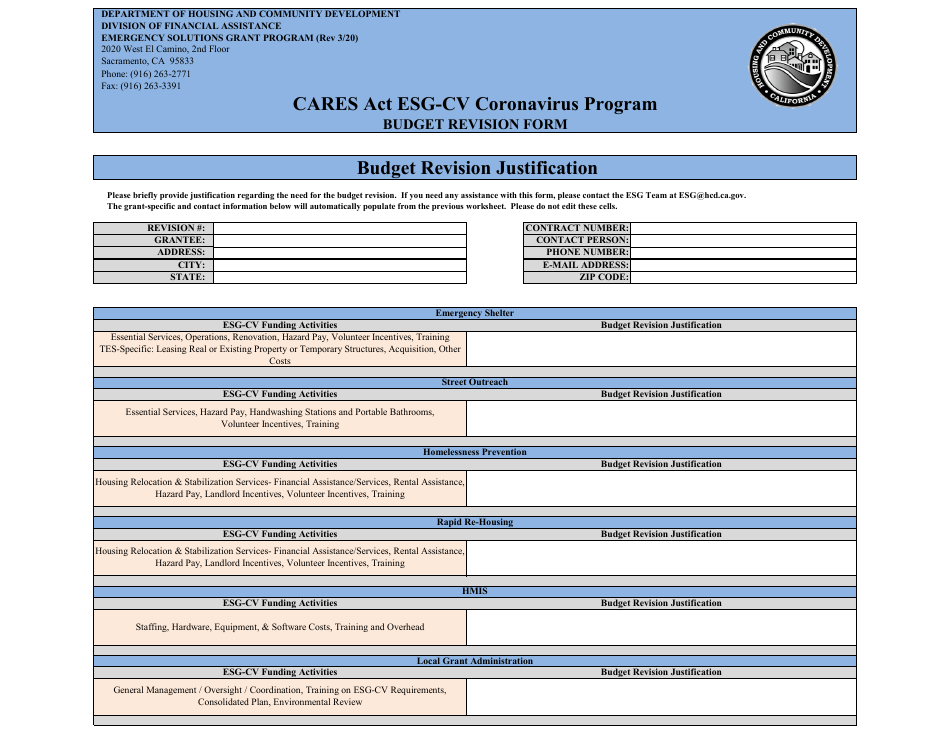 Budget Revision Form - CARES Act Esg-Cv Coronavirus Program - California, Page 2
