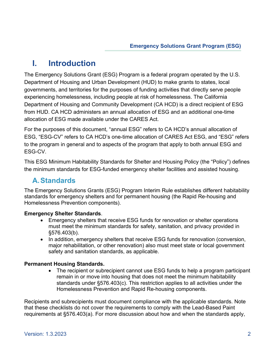 Minimum Habitability Standards for Shelter and Housing Policy - Emergency Solutions Grant Program (Esg) - California, Page 2