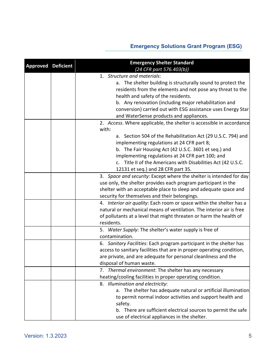 Minimum Habitability Standards for Shelter and Housing Policy - Emergency Solutions Grant Program (Esg) - California, Page 5
