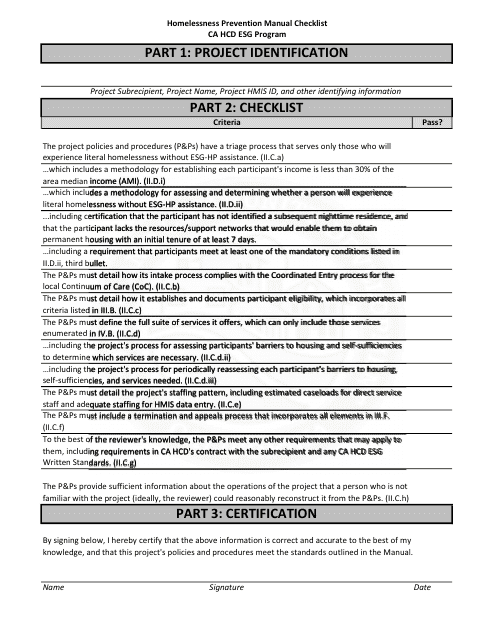 Homelessness Prevention Manual Checklist - Ca Hcd Esg Program - California Download Pdf