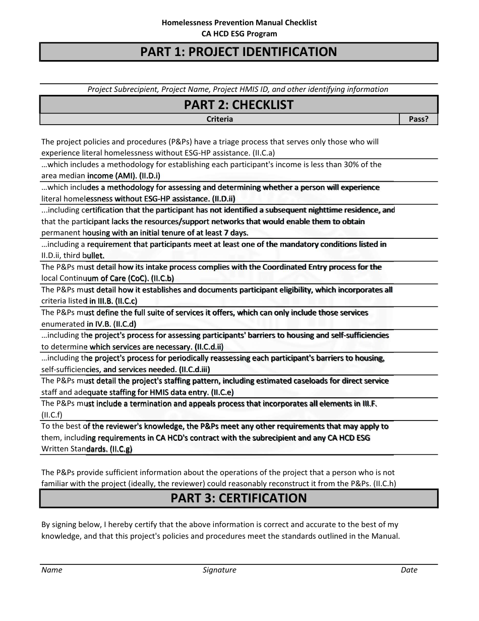 Homelessness Prevention Manual Checklist - Ca Hcd Esg Program - California, Page 1