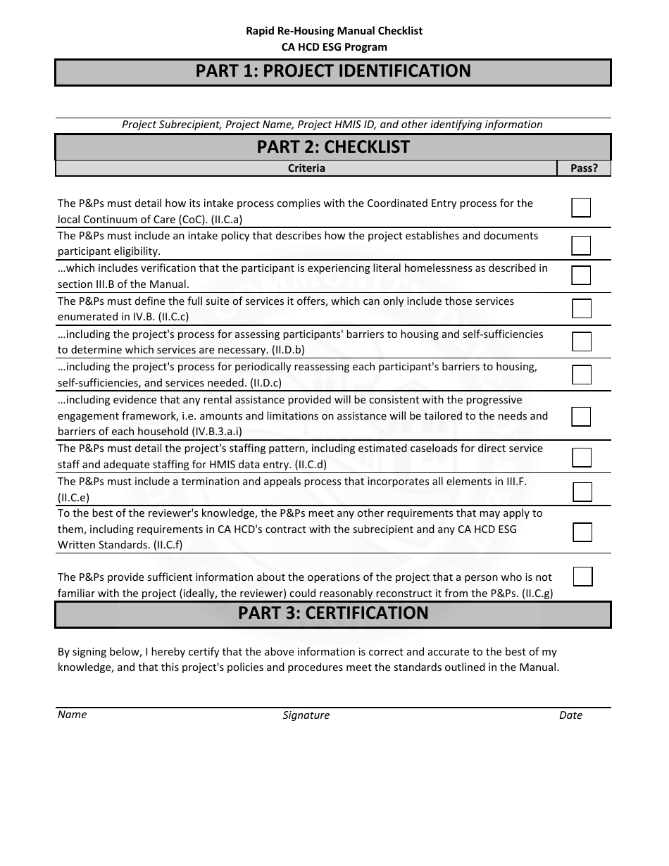 Rapid Re-housing Manual Checklist - Ca Hcd Esg Program - California, Page 1