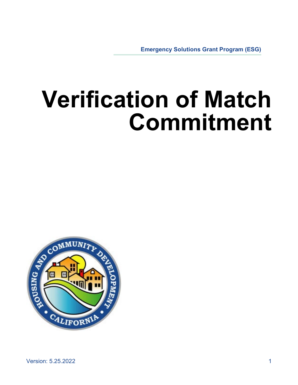 Verification of Match Commitment - Emergency Solutions Grant Program (Esg) - California, Page 1