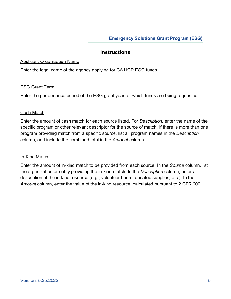 Verification of Match Commitment - Emergency Solutions Grant Program (Esg) - California, Page 5