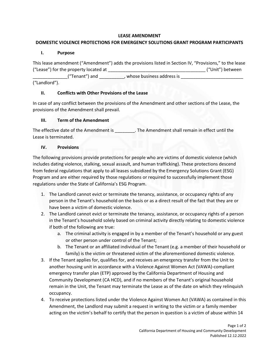 Lease Amendment - Domestic Violence Protections for Emergency Solutions Grant Program Participants - California, Page 1