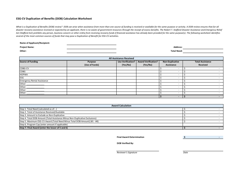 Esg-Cv Duplication of Benefits (Dob) Calculation Worksheet - California, Page 1