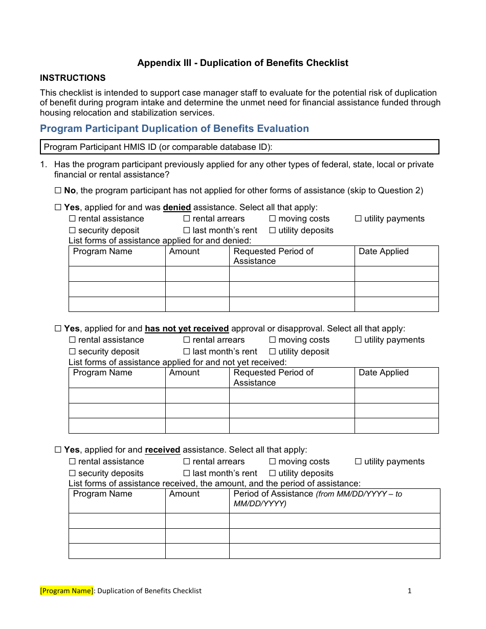 Appendix III Duplication of Benefits Checklist - Emergency Solutions Grants Program (Esg) - California, Page 1