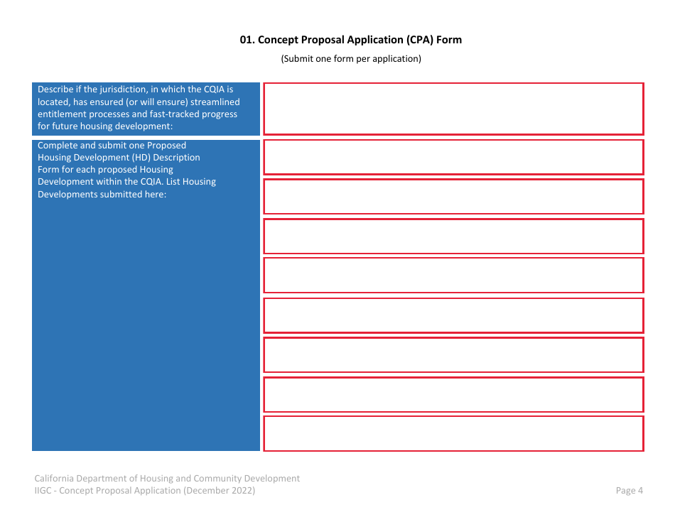 Concept Proposal Application (CPA) Form - California, Page 4