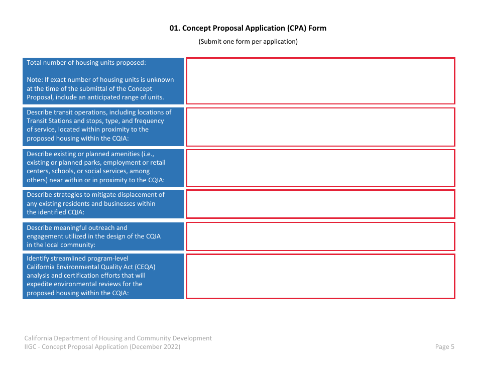 Concept Proposal Application (CPA) Form - California, Page 5
