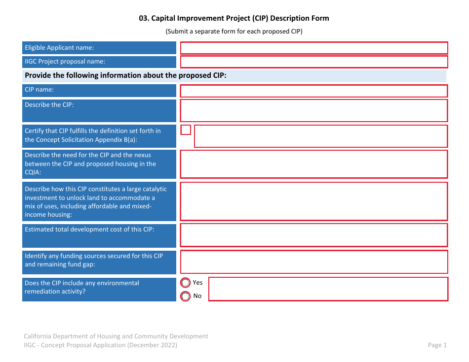 Capital Improvement Project (Cip) Description Form - California, Page 1