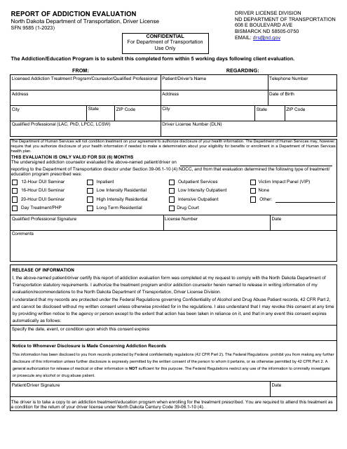 Form SFN9585 Report of Addiction Evaluation - North Dakota