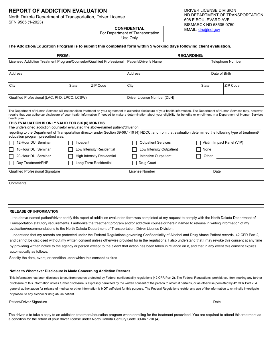 Form SFN9585 Report of Addiction Evaluation - North Dakota, Page 1