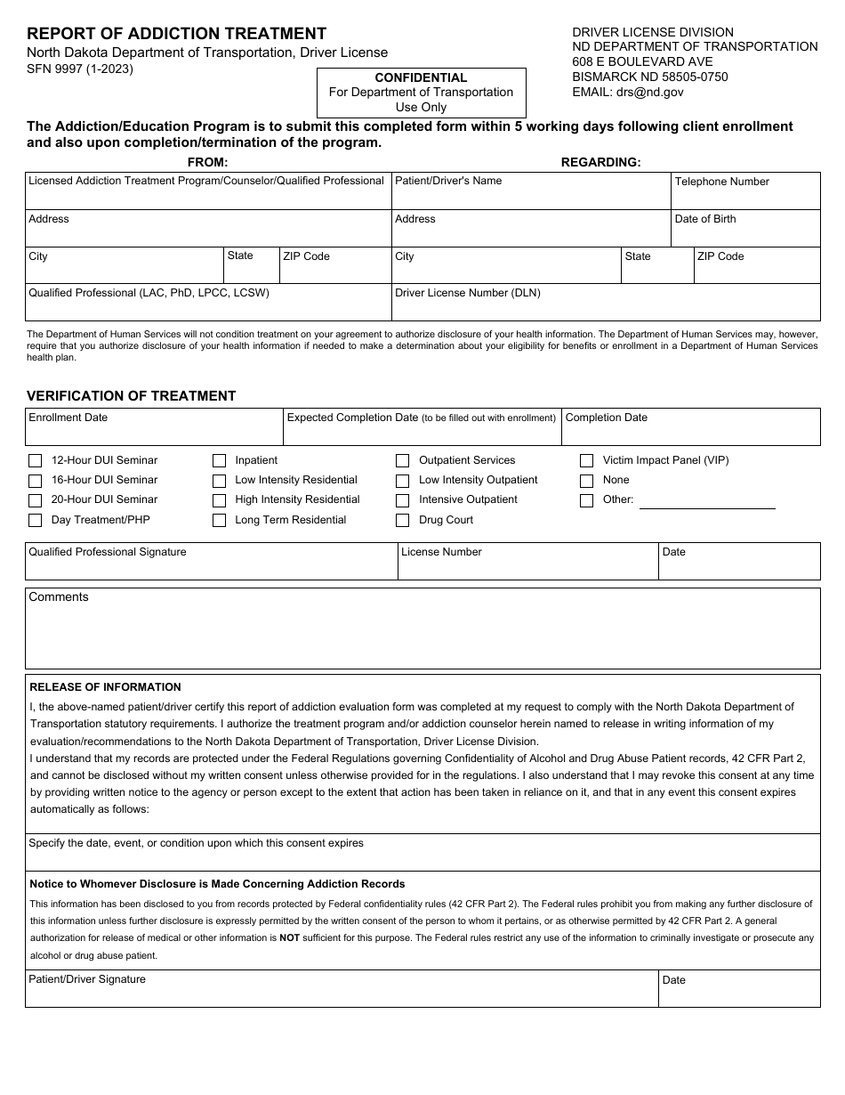 Form SFN9997 Download Fillable PDF or Fill Online Report of Addiction ...