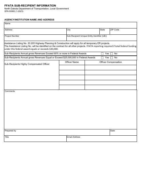 Form SFN60982 Ffata Sub-recipient Information - North Dakota