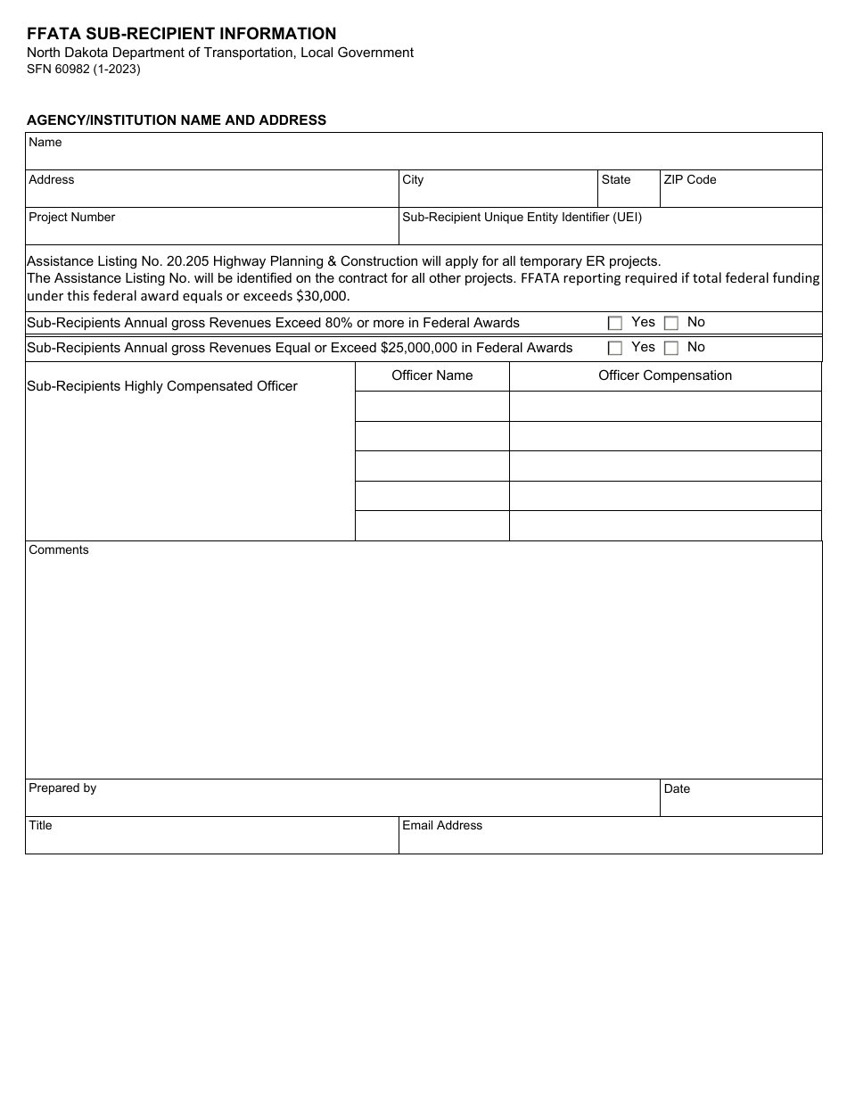 Form SFN60982 Ffata Sub-recipient Information - North Dakota, Page 1