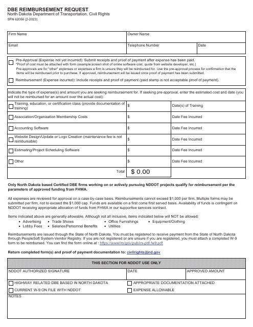 Form SFN62056 Dbe Reimbursement Request - North Dakota