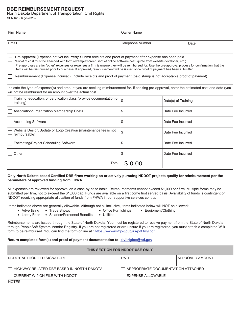 Form SFN62056 Download Fillable PDF or Fill Online Dbe Reimbursement ...