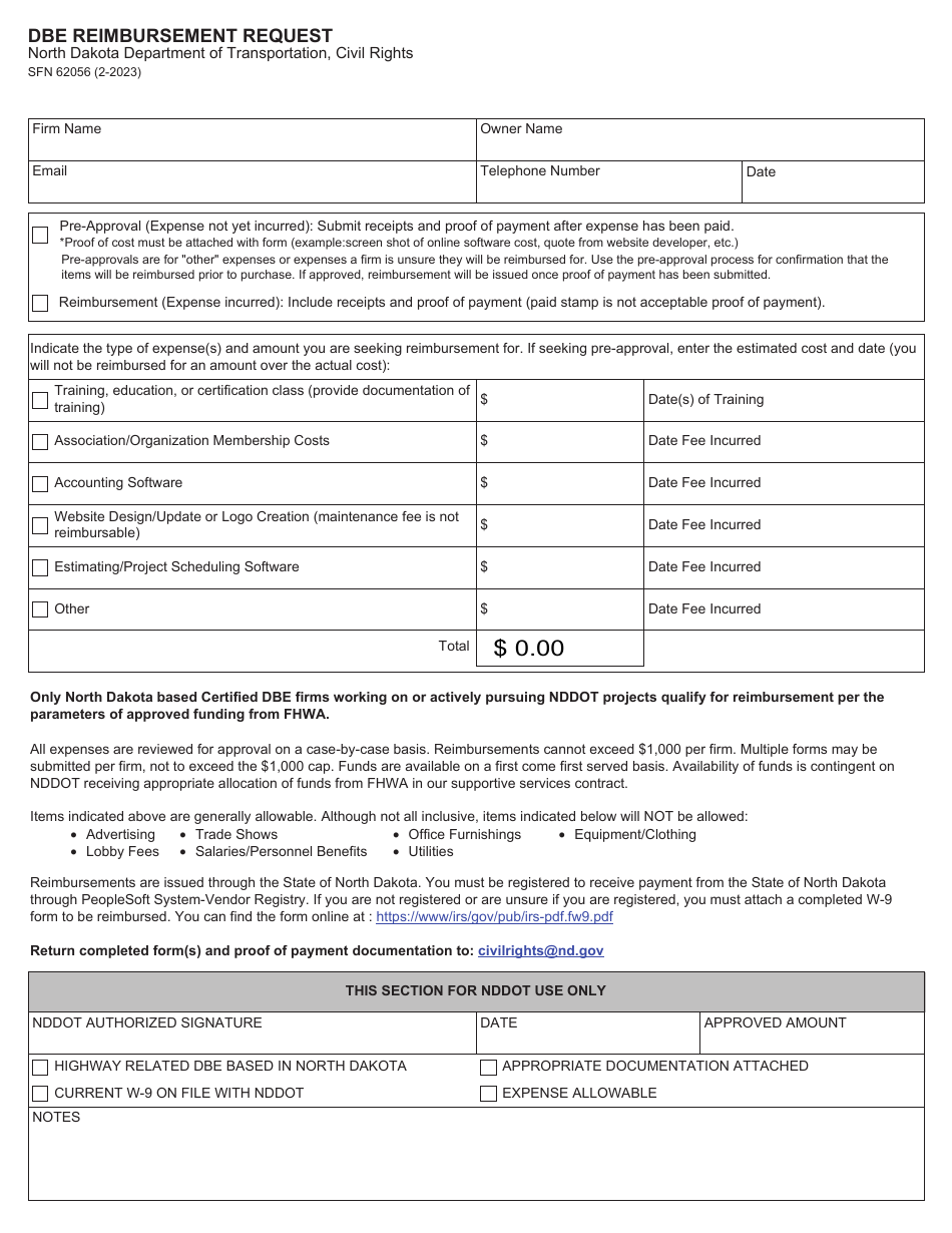 Form SFN62056 Dbe Reimbursement Request - North Dakota, Page 1