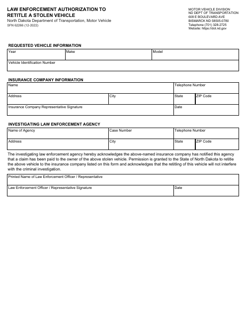 Form SFN62266 Law Enforcement Authorization to Retitle a Stolen Vehicle - North Dakota
