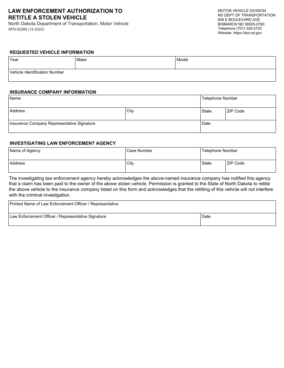 Form SFN62266 Law Enforcement Authorization to Retitle a Stolen Vehicle - North Dakota, Page 1