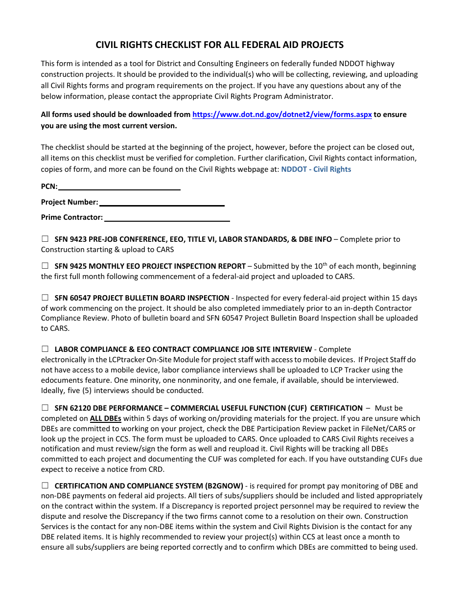 Civil Rights Checklist for All Federal Aid Projects - North Dakota, Page 1