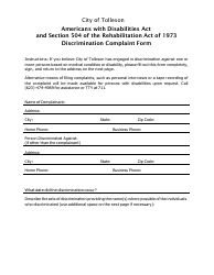 Document preview: Americans With Disabilities Act and Section 504 of the Rehabilitation Act of 1973 Discrimination Complaint Form - City of Tolleson, Arizona