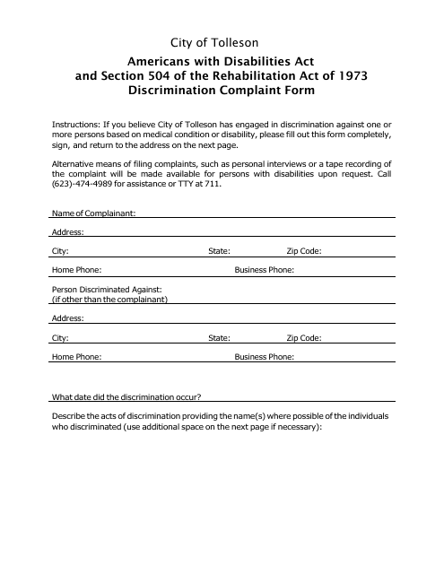 Americans With Disabilities Act and Section 504 of the Rehabilitation Act of 1973 Discrimination Complaint Form - City of Tolleson, Arizona Download Pdf
