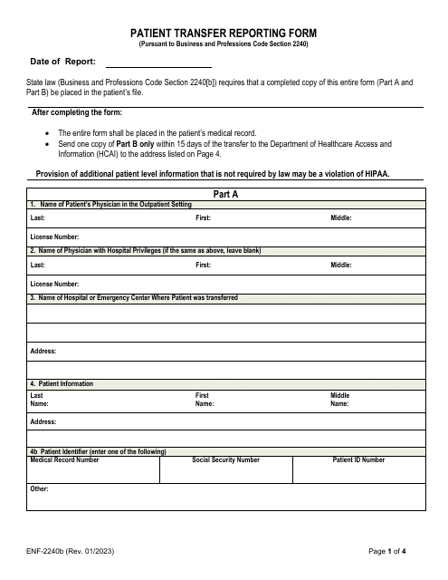 Form ENF-2240B Patient Transfer Reporting Form - California