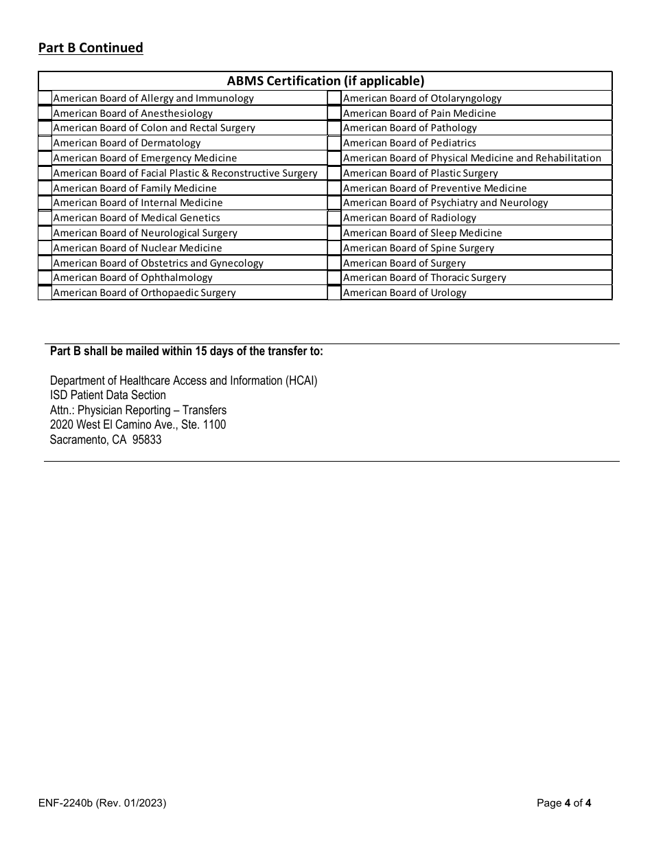 Form ENF-2240B Patient Transfer Reporting Form - California, Page 4
