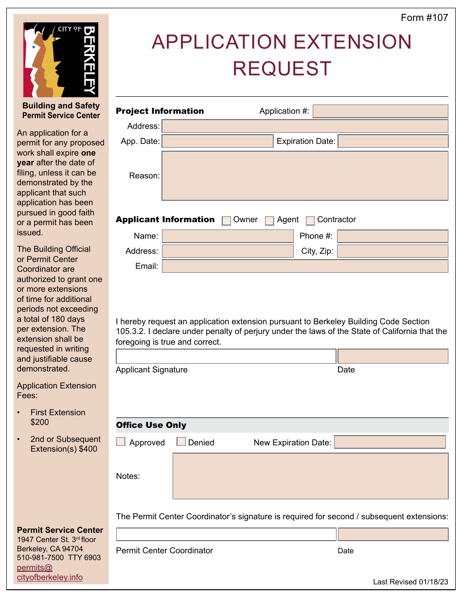 Form 107 Application Extension Request - City of Berkeley, California, Page 1