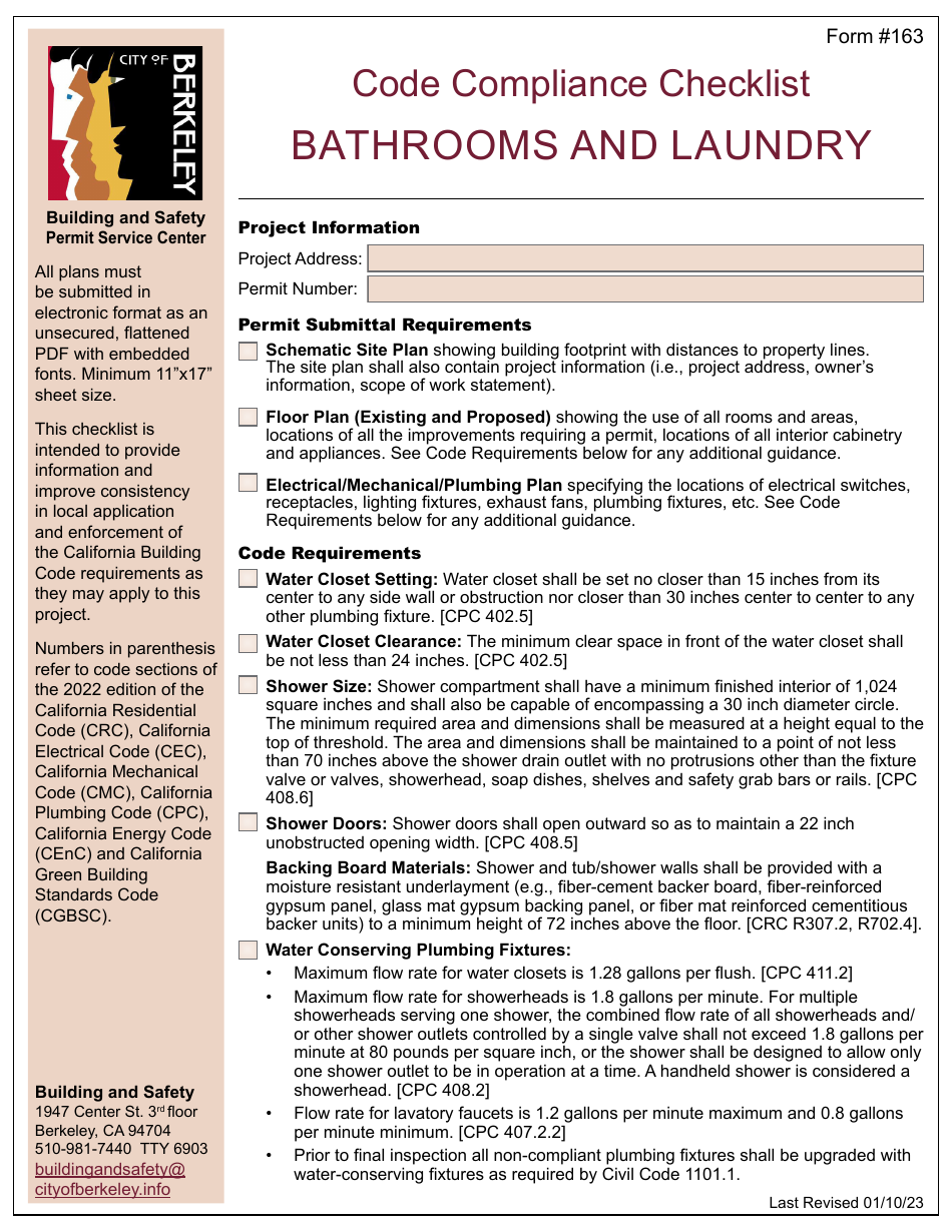 Form 163 Code Compliance Checklist - Bathroom and Laundry - City of Berkeley, California, Page 1
