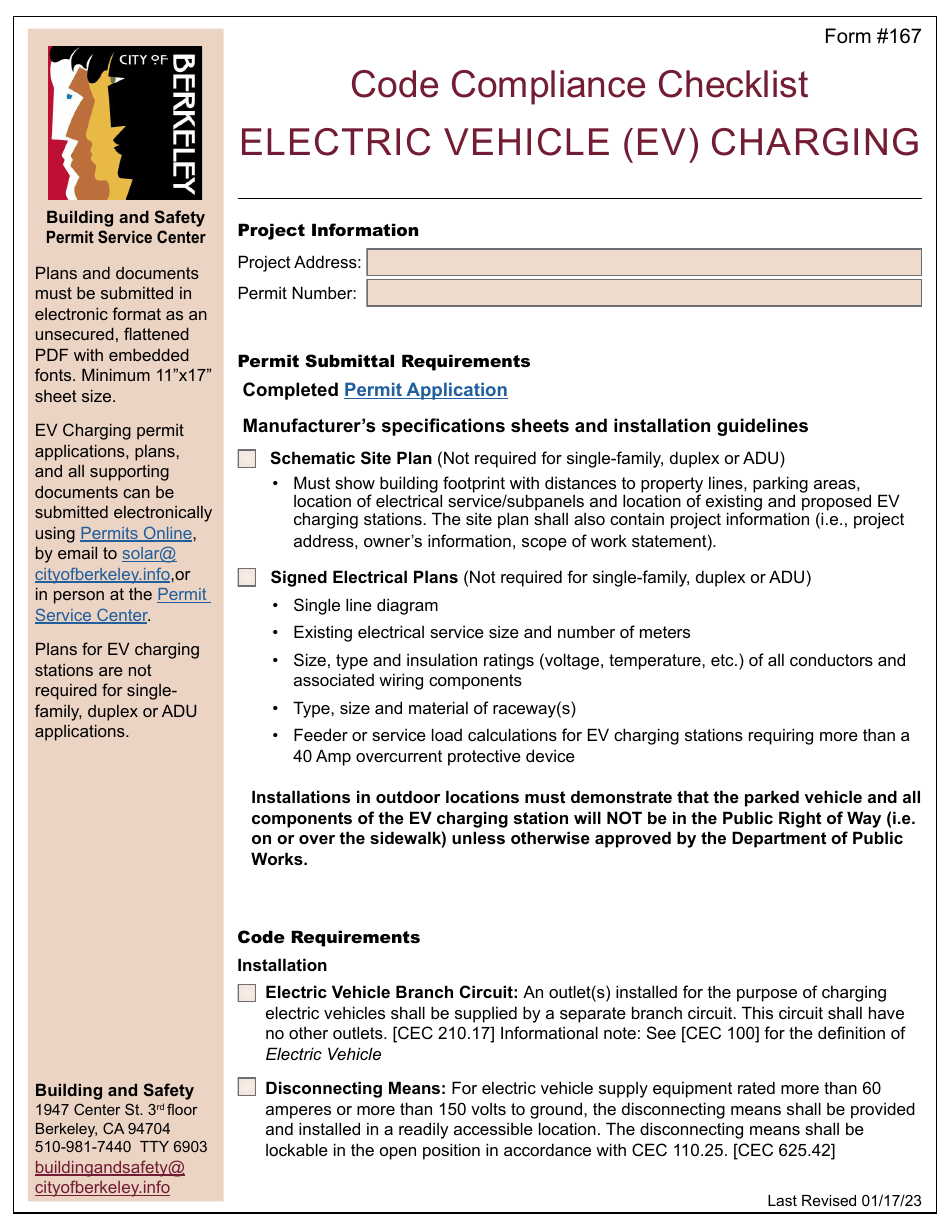 Form 167 Code Compliance Checklist - Electric Vehicle (Ev) Charging - City of Berkeley, California, Page 1
